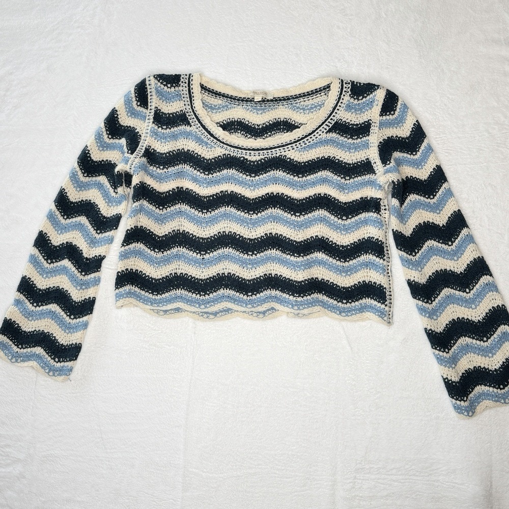 Rebellion Y2K Crochet Knit Crop Sweater Blue White Wave Stripe‎ Boho Fairy XL
